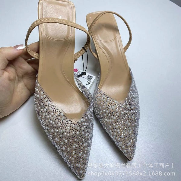 ZA2025 spring new transparent pearl rhinestone hot high -heeled shoes Fairy style pointed and semi -heel heel women