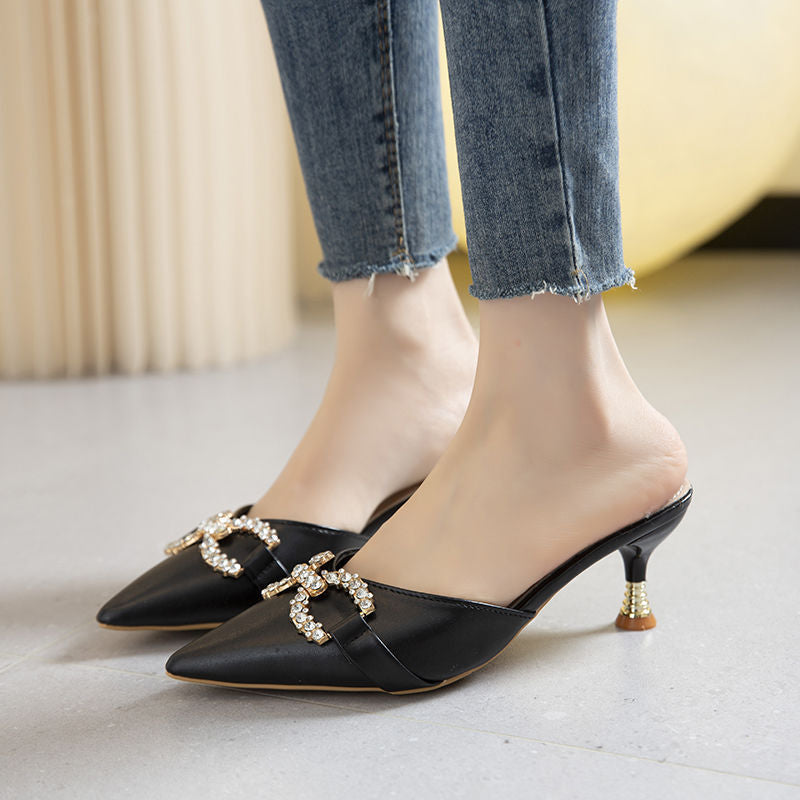 European and American foreign trade stiletto heel mid-heel Baotou semi-drag women's rhinestone bow pointed toe fashion slippers high heels wear sandals
