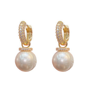 Zirconium Double Wear Pearl Earrings - Elegant Golden Korean Style