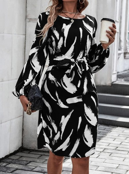 Black & White Belted Midi Dress