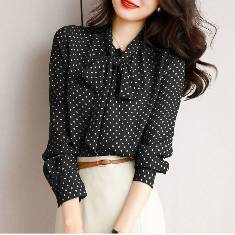 Retro Polka Dot Long Shirt – Extra-Long Sleeves & Scarf Collar Design