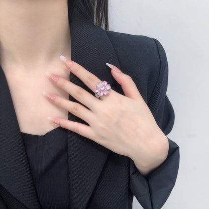 Fuchsia Petal Zirconium Ring – Elegant Floral Design for Women