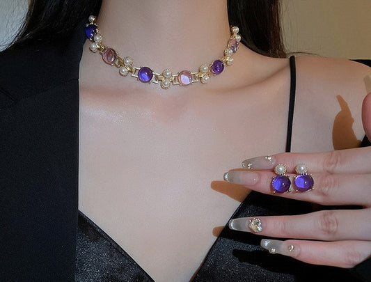 Golden Purple Faux Pearl Necklace – Retro Literary Style for Global Appeal