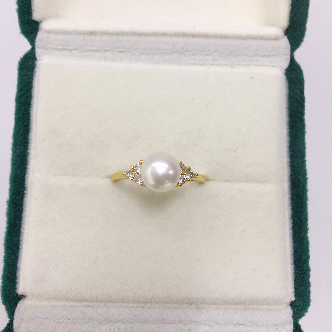 Elegant Adjustable Pearl Ring – 8 mm White Flat Round Pearl with Gold or Silver Accents