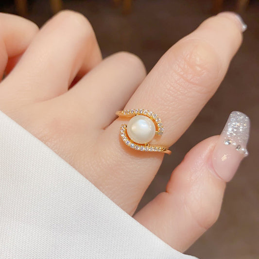 Gold Plated Zirconium Pearl Ring (Adjustable)