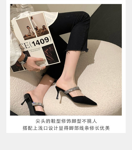 2025 Summer Crystal Band Shoes Ladies Stilleto High Heels Slippers V-Open Mule Slides Party Bridal Sandals Woman Slingback Pumps