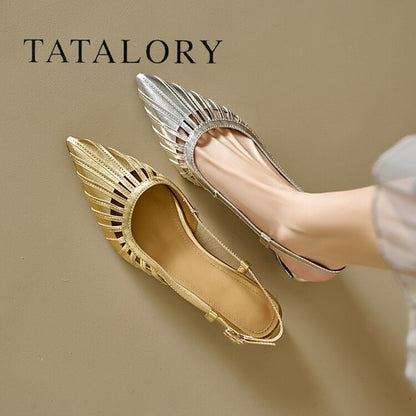 Korean Retro Gold Low Heels - Elegant Pointed PU Sandals