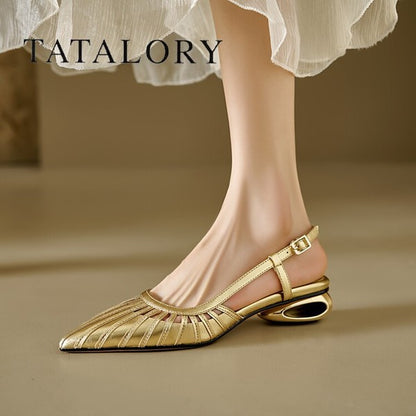 Korean Retro Gold Low Heels - Elegant Pointed PU Sandals