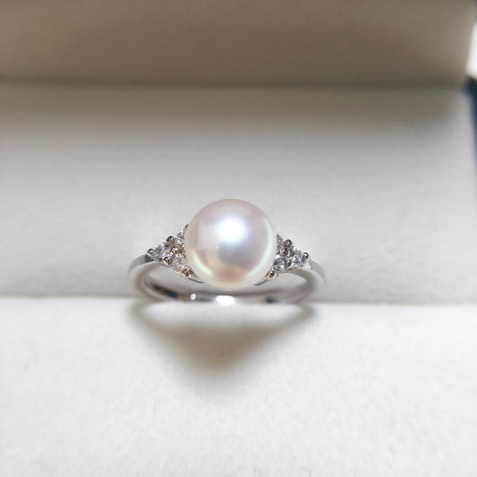 Elegant Adjustable Pearl Ring – 8 mm White Flat Round Pearl with Gold or Silver Accents