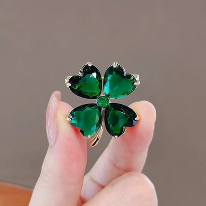 Charming Four-Leaf Clover Brooch – Green Zirconium Inlay