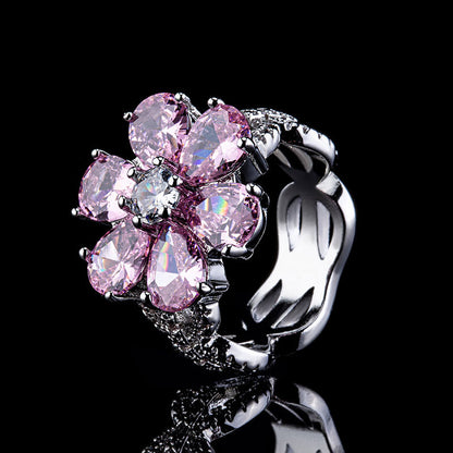 Fuchsia Petal Zirconium Ring – Elegant Floral Design for Women