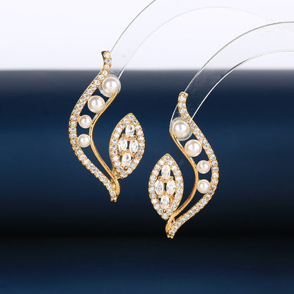 Gold Zirconium Faux Pearl Earrings - Elegant Japanese-Korean Style