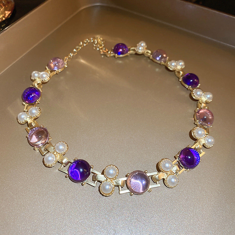 Golden Purple Faux Pearl Necklace – Retro Literary Style for Global Appeal