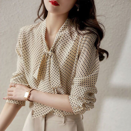 Retro Polka Dot Long Shirt – Extra-Long Sleeves & Scarf Collar Design