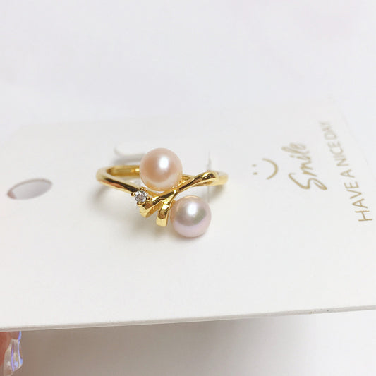 Elegant Pearl Ring – 6-7mm Flat Round Pearl with Gold & Fuchsia Accents