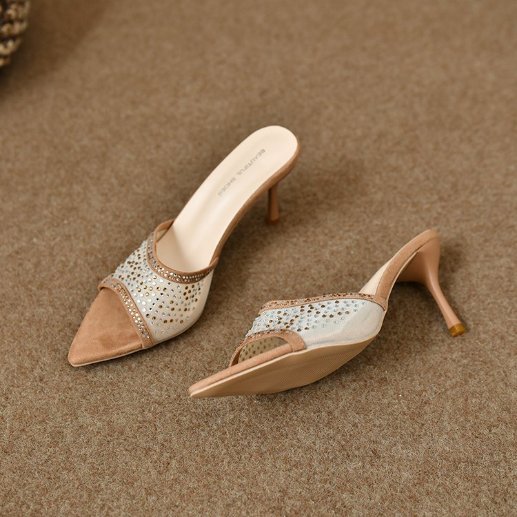 Trendy Mesh Pointy High Heels – Light Brown & Chic Monochrome!