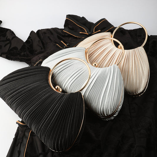 Elegant Silk Clutch – Pleated Design with Chain & Lock Accent