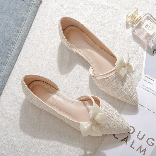 Women Flats Pointed Toe Beige Lady Flat Heel Shoes Bowknot Slip on Loafers Office Lady Elegant Shoes Soft Sole Comfortable